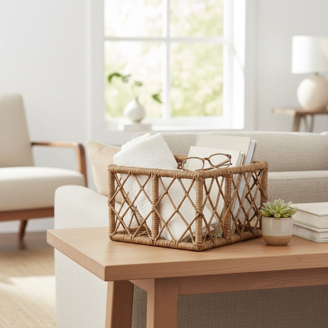 Cane and Water Hyacinth Knotty Basket with Handle
